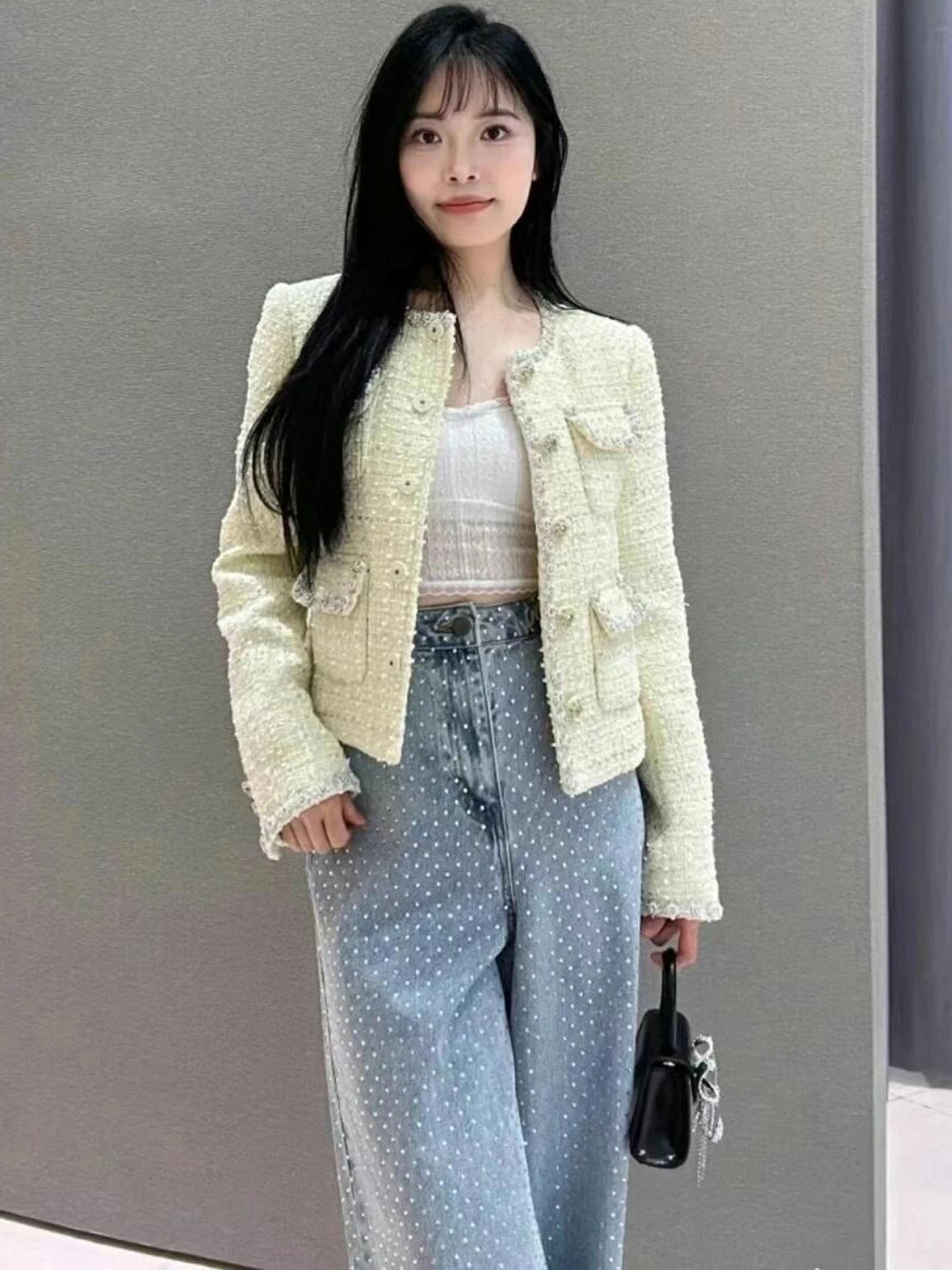 Haut de gamme hiver femmes diamant embelli Tweed ouvert Cardigan manteau Ele trajet Sle ort vêtements d'extérieur pour dames