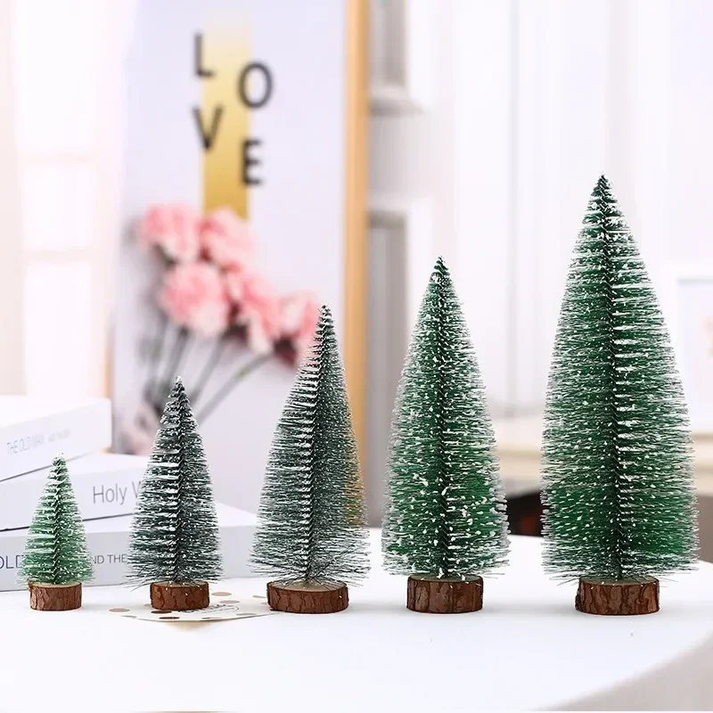 Mini Artificial Christmas Tree Tabletop Small Pine Tree with Snow Flock Wooden Base Xmas Home Decor