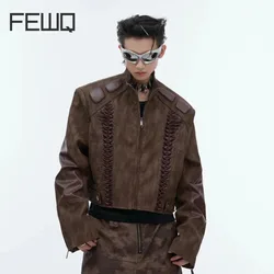 FEWQ Niche Pleated Design Short Shoulder Padded PU Leather Jacket Spliced 2024 Patchwork Long Sleeve Male Tops Fashion 24E1827