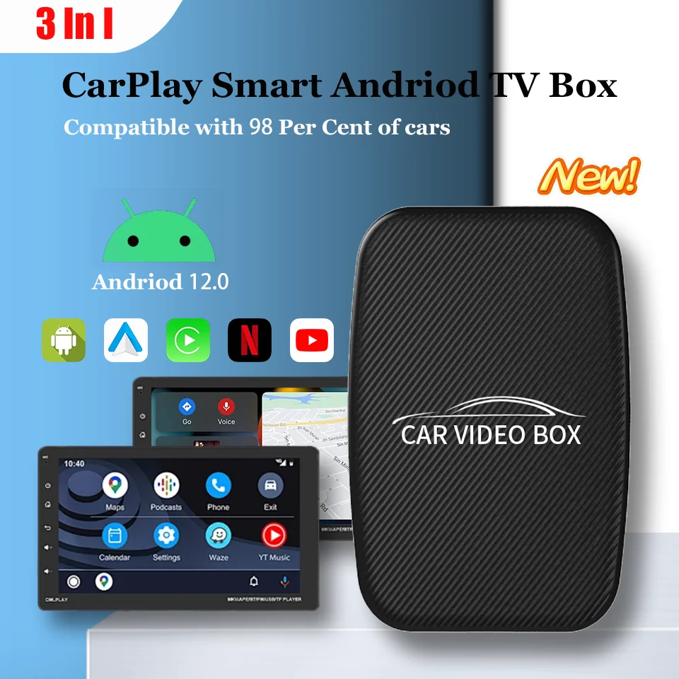 CarPlay Ai Box Android 12 Wireless Apple CarPlay & Android Auto 3IN1 Smart TV Box with 2GB+16GB RAM Built-in Youtube Netflix