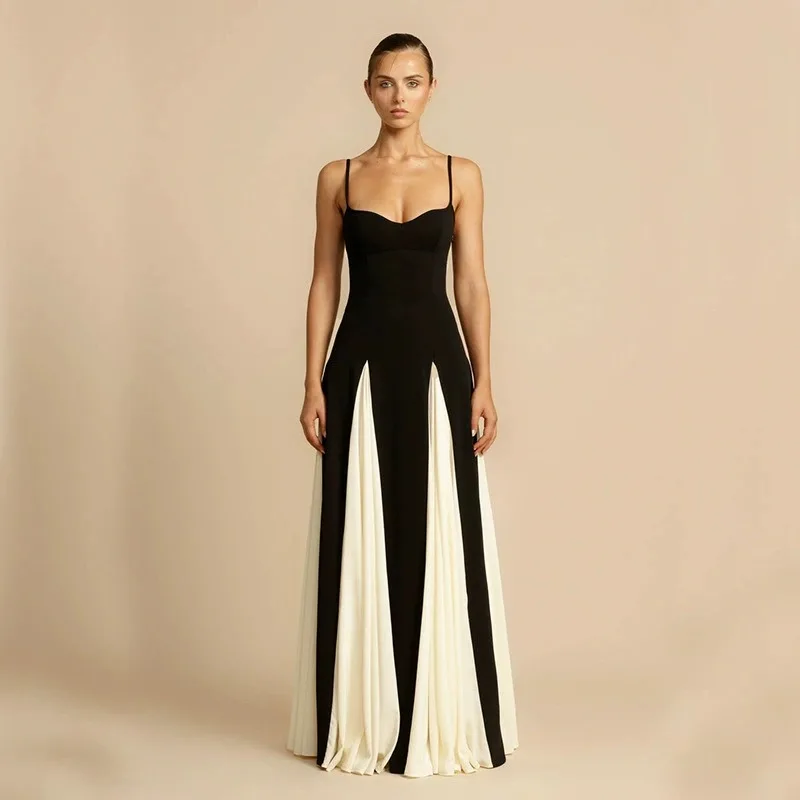 เดรสยาวทรงเข้ารูป สีตัดต่อ สายเดี่ยว โชว์หลัง เซ็กซี่ สวยสง่าสำหรับผู้หญิง ฤดูร้อน ปี 2025