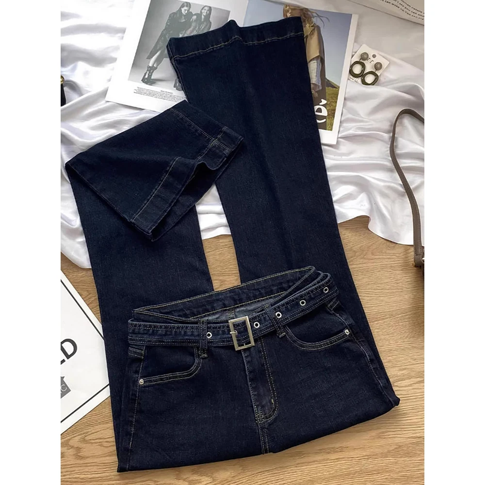 Women High Waist Dark Blue Wash Flare Jeans Fashion Slim Fit Denim Pants With Matching Belt Vintage Stretch Bootcut Trousers