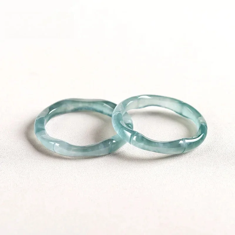 

Natural A Goods Emerald Blue Water Bamboo Ring Three-dimensional Carved Ice Fashion Jewelry Men and Women's Holiday Gifts