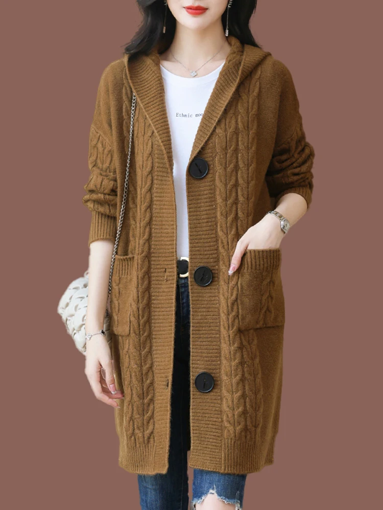 Cardigan lavorato a maglia Thiened Capispalla primaverile da donna Lungo Sve Cappotto maglione con cappuccio in puro colore Coreano Sle Pendolarismo Faion
