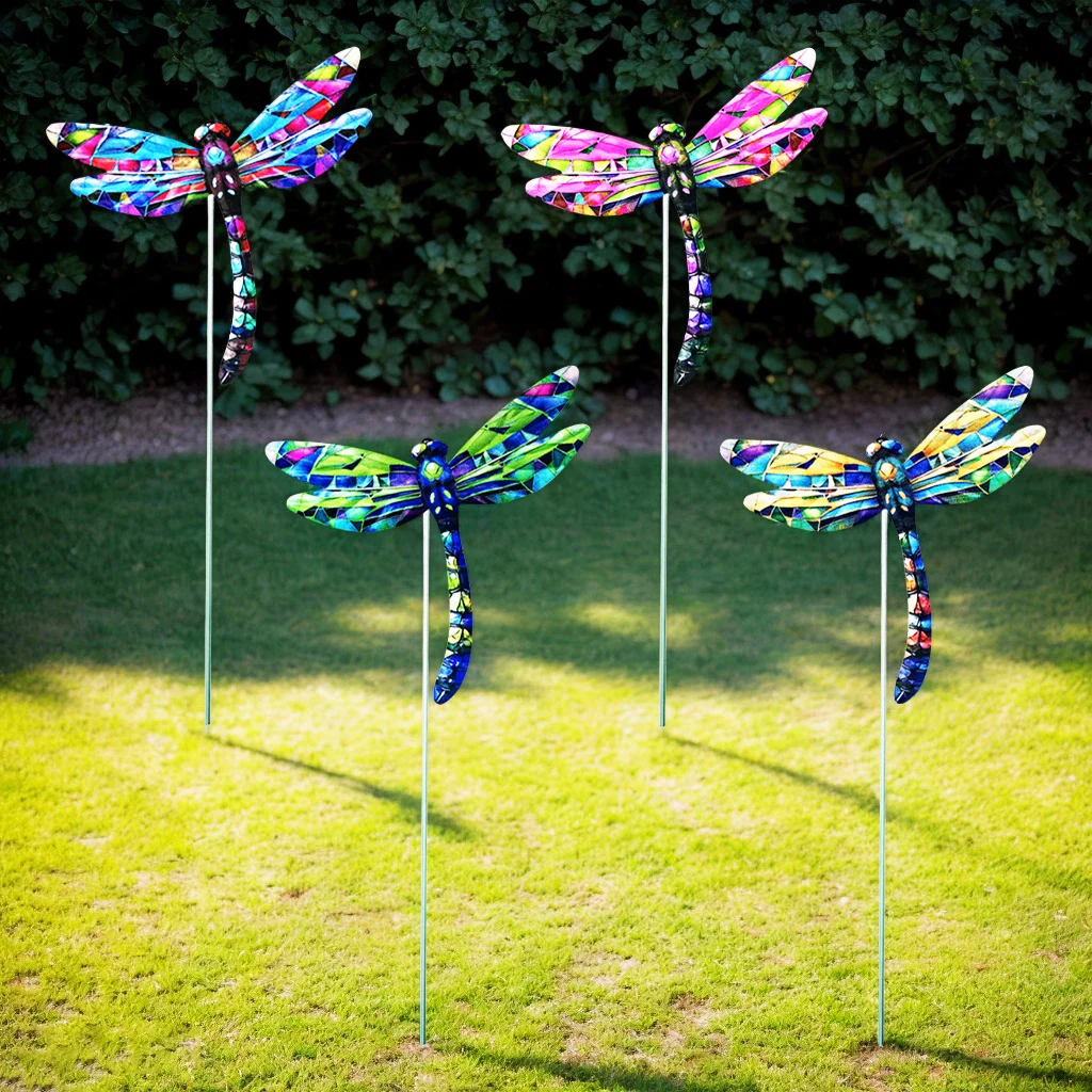 4 Pcs Home Decor Outdoor Iron Garden Insert Grass Stake Dragonfly Lawn Flower Bed Decoration Yard Inserted Simulation Stakes