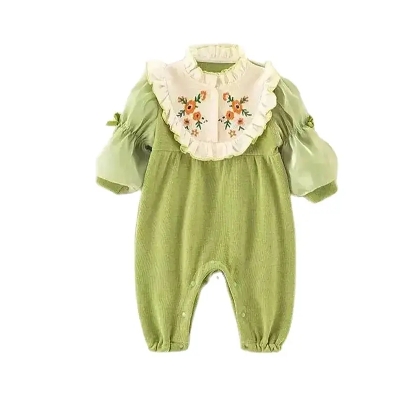 Autumn Winter Infant Newborn Girls Rompers Floral Embroidered Princess Jumpsuit Mesh Patchwork Lace Sleeve Korean Baby Outfit