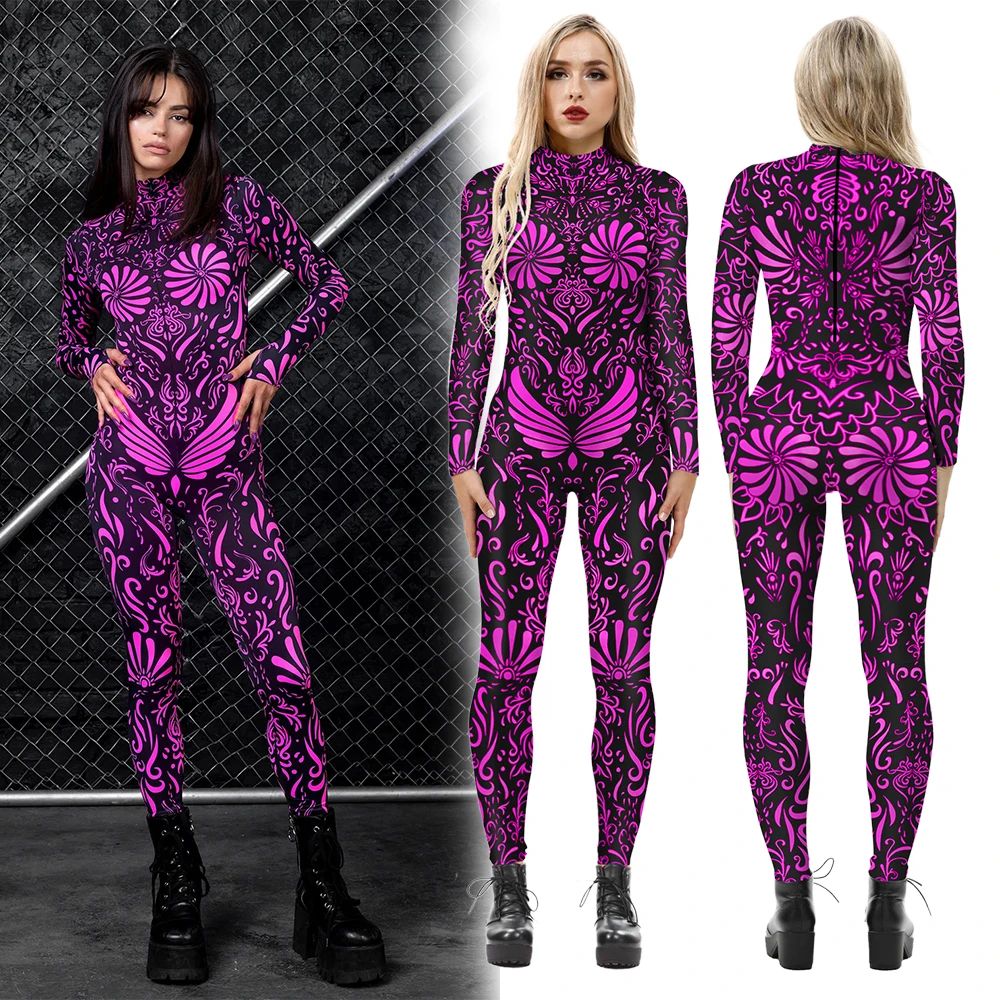 VIP FASHION Women Rave Cosplay Costume Green Pink Geometry Print Jumpsuits Ladies Halloween Party Holiday Zentai Bodysuit Outfit