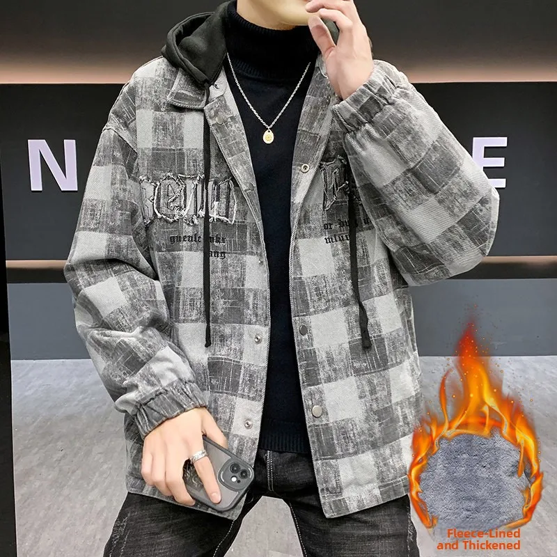 

Winter Thiened Fce Lined ex Denim Jaet with Detachable Hood Classic Plaid Casual Versatile Parka Coat for Teens