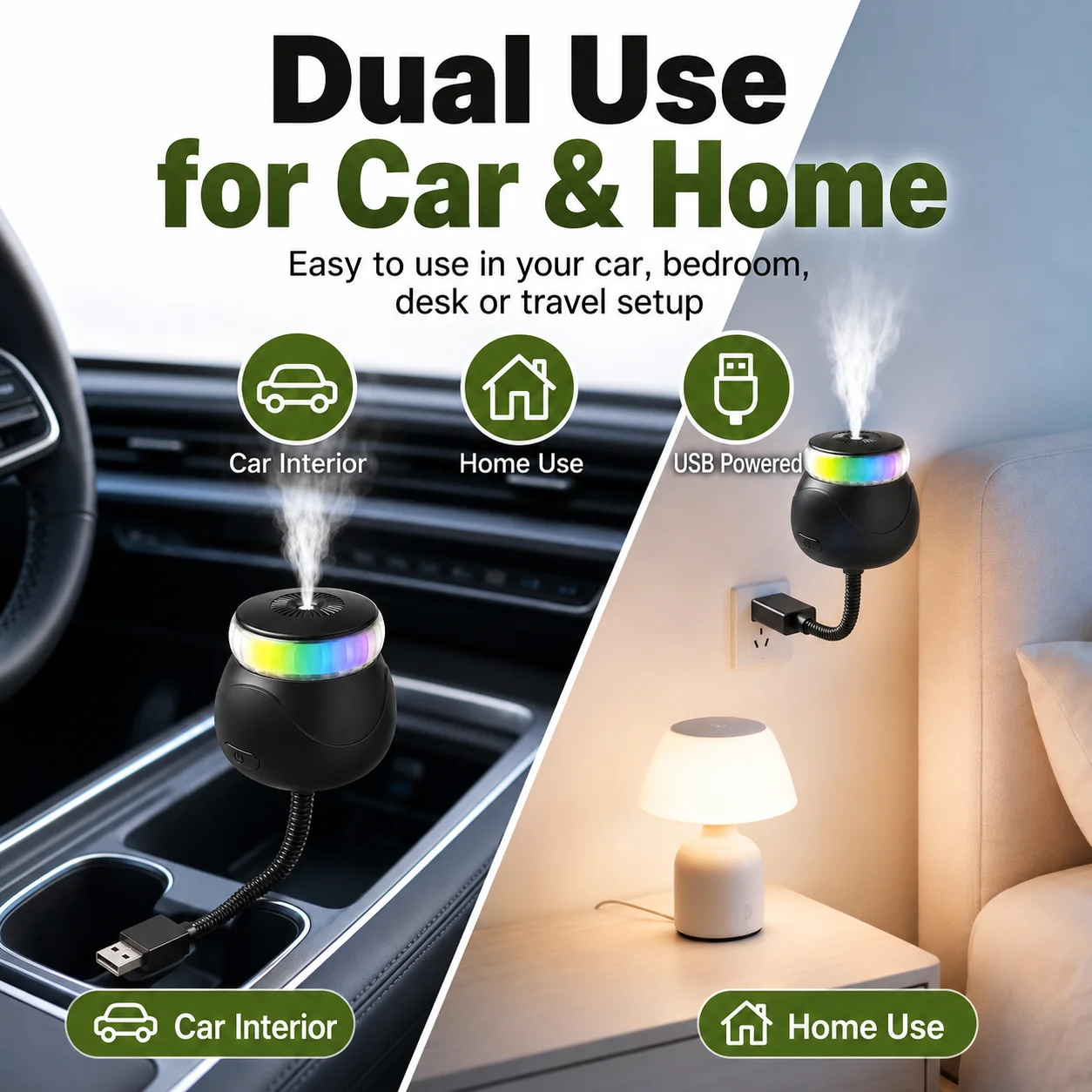 USB Car Air Freshener Aroma Diffuser 7 Color LED Light 360 Flexible Neck for Car Home One Button Control