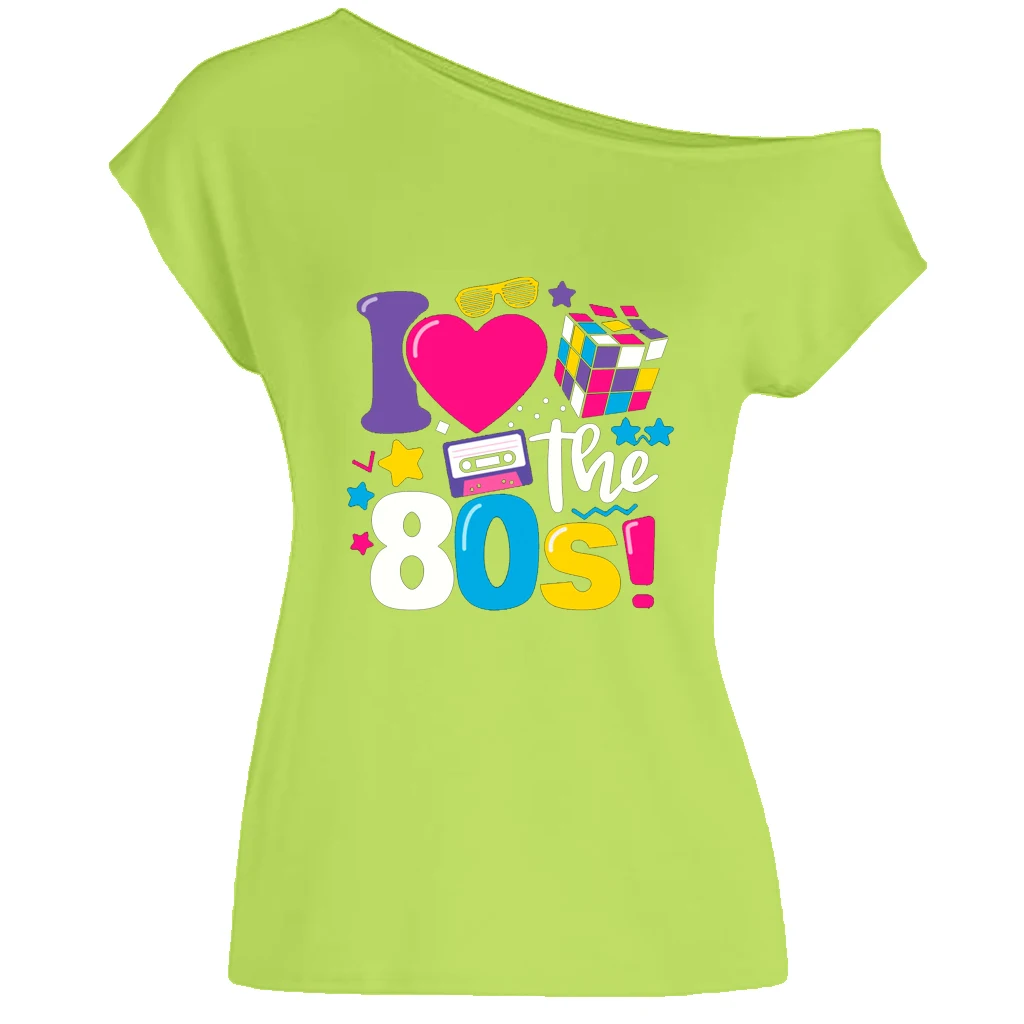 XUANSHOW 2024 Sommer I Love the 80s Emotional Element T-Shirt Sexy Off Shoulder Tops Kurzarm Buchstaben bedrucktes T-Shirt – Detail 31