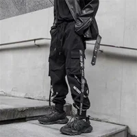 Pantalones Cargo negros para hombre, pantalones Cargo para correr, ropa informal japonesa, Hip Hop, Hippie, Techwear, pantalones con cinta gótica