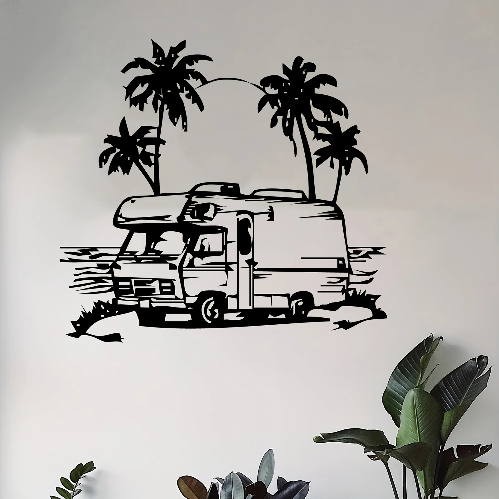 1pc Campervan Palm Tree Metal Wall Art Weather Resistant Iron Wall Sculpture Outdoor Hanging Decor For Patio Garden Home RV Trop