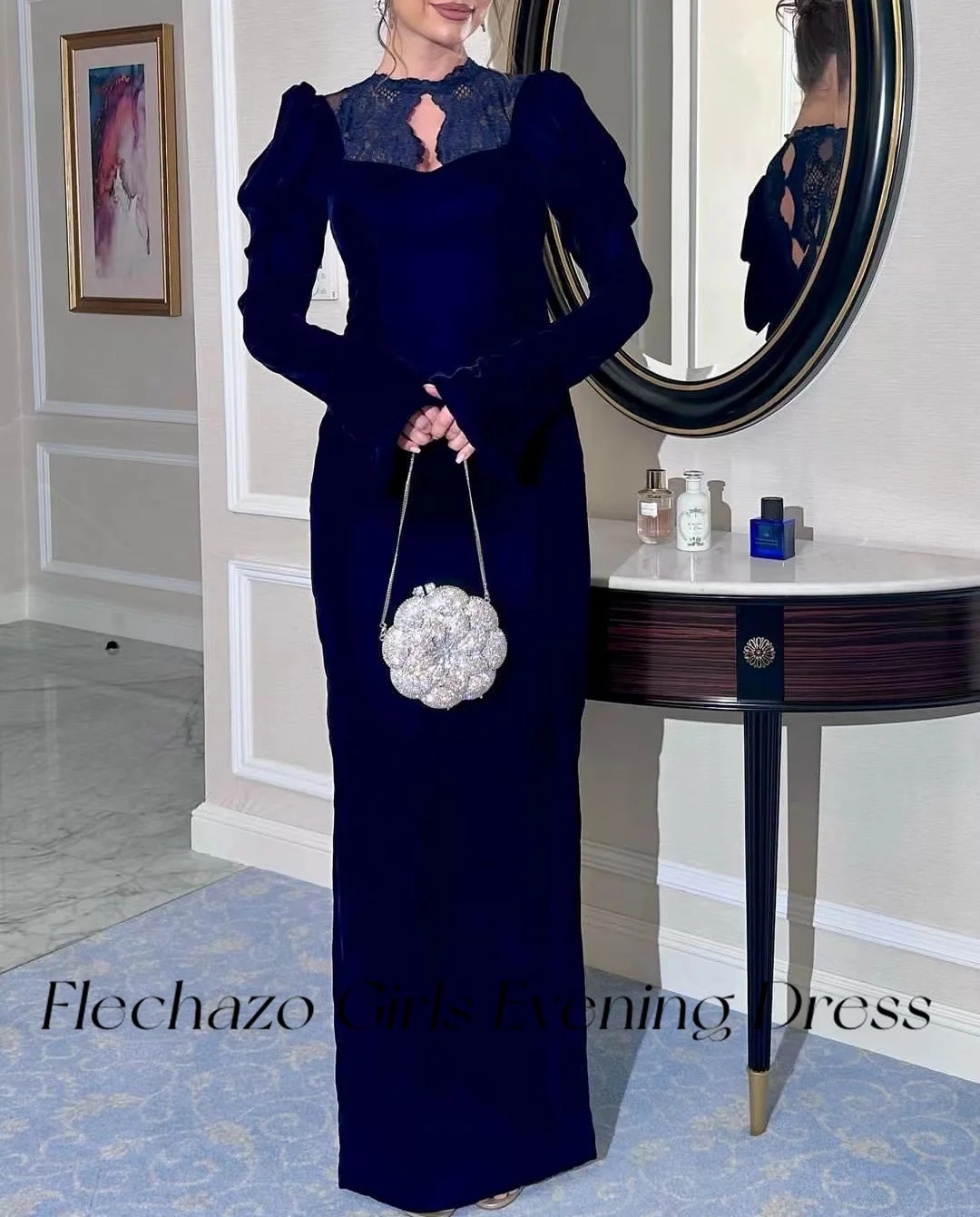 Flechazo Royal Blue Evening Dresses O Neck Lace Backless Illusion Elegant Formal Party Dress For Women 2024 vestidos para mujer