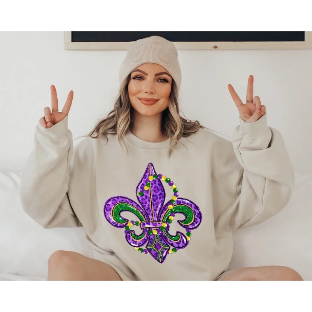 Cute Mardi Gras Bead Sweatshirt Retro Fleur De Lis Shirt Fat Tuesday Pullover Festival Carnival Parade Lousiana New Orleans Top