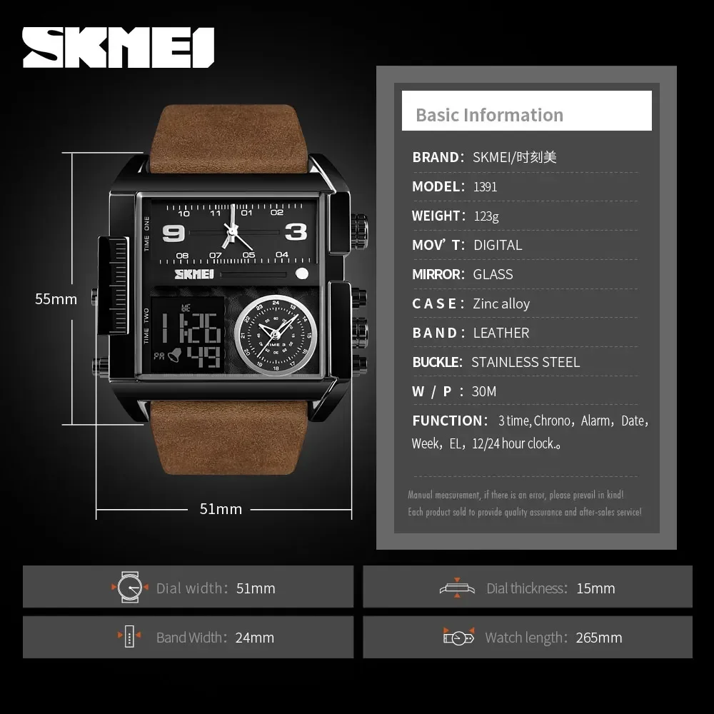 SKMEI 1391 Mens Quartz Movement Watches Clock reloj hombre 3 Time Men Sports Watch Top Luxury Brand Military Digital Wristwatch