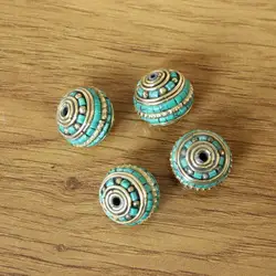 BD259 Handmade Nepal Beads Brass Inlaid Turquoises Coral 18mm*16mm Round Beads Jewelry Accessories 4 Beads Lot