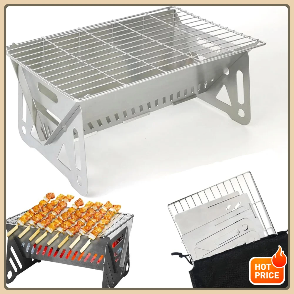 Parrilla de barbacoa de carbón de acero inoxidable, parrilla de carbón para acampar al aire libre, adecuada para fiestas y picnic en la playa, portátil