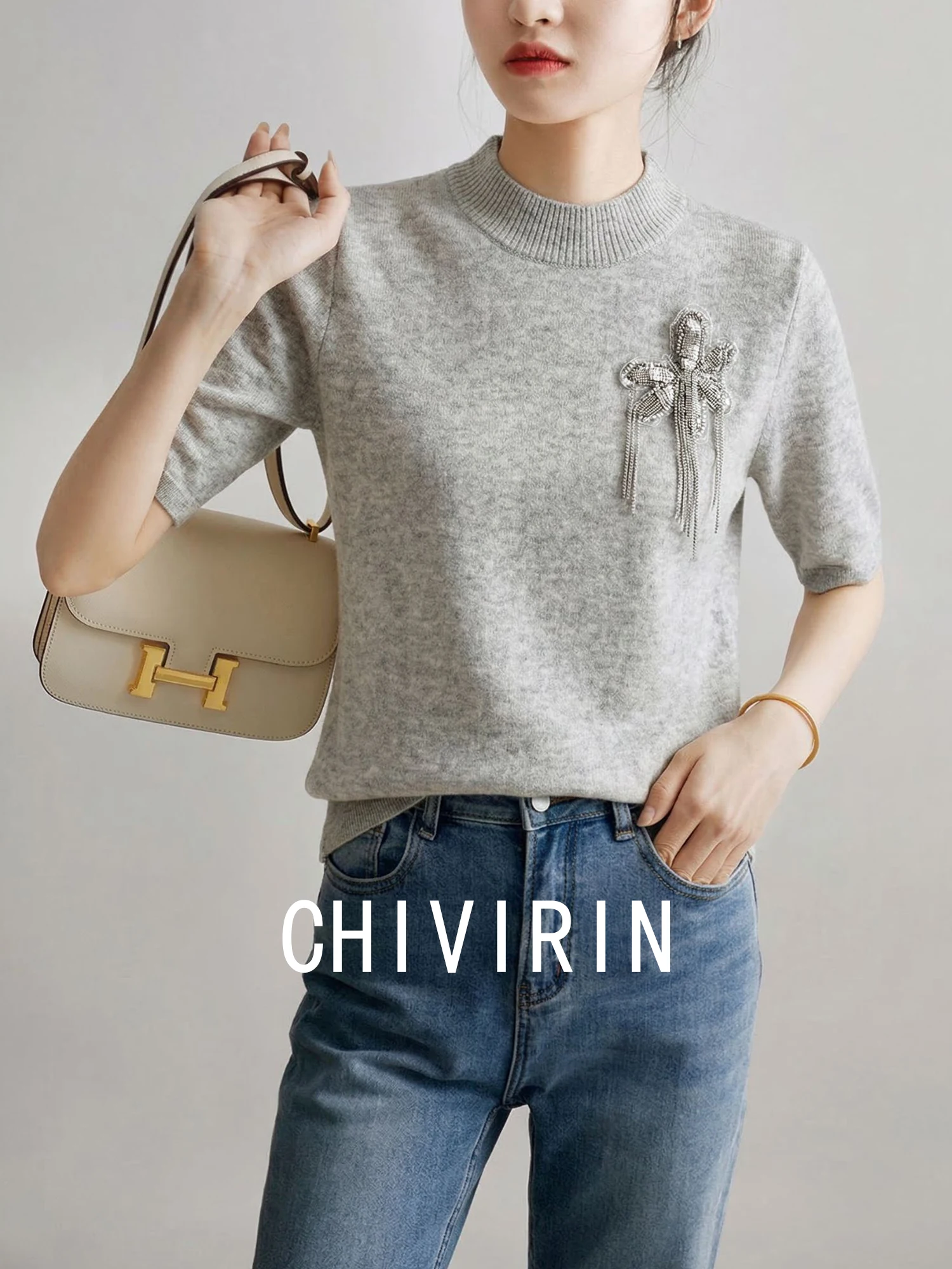 

Кашемировый трикотажный пуловер Chivirin с круглым вырезом и коротким рукавом для женщин, летний, тонкий, серый, премиум-класса, высочайшего качества, мягкий на ощупь