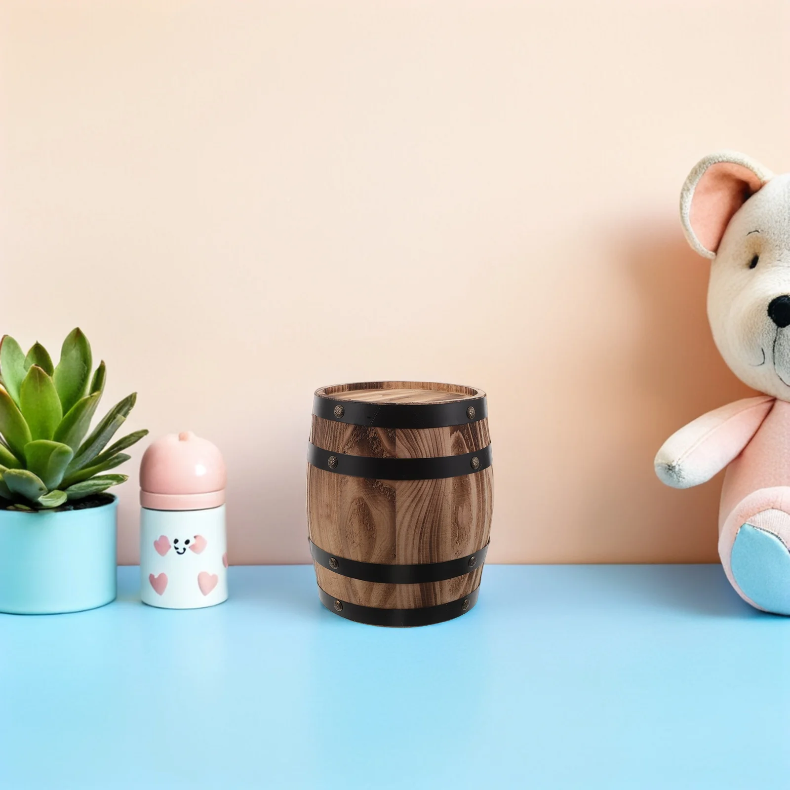 

Vintage Wooden Money Bank Handcrafted Oak Barrel Shape Large Capacity Coin Storage for Gift Idea