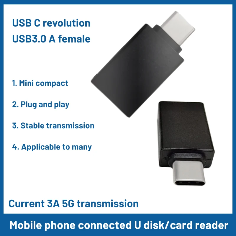 Black,USB type C Male to USB3.0 A Female Adapter, current 3A+5G transmission, mobile phone connected to USB drive   card reader