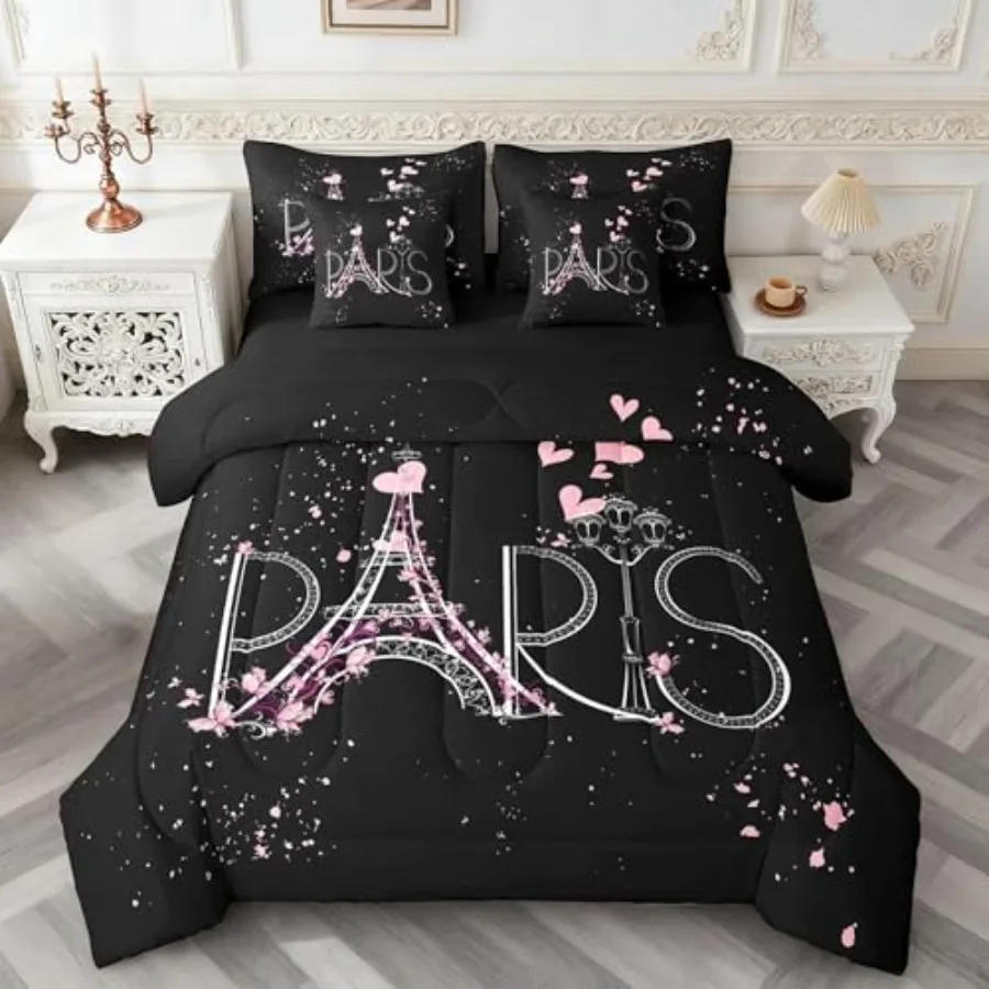 

Tower 7 PCS Comforter Set with Sheets Chic Paris 7 Pieces Bed in a Bag Set Romantic Theme Bed in a Bag for Boys Girls Modern Fr