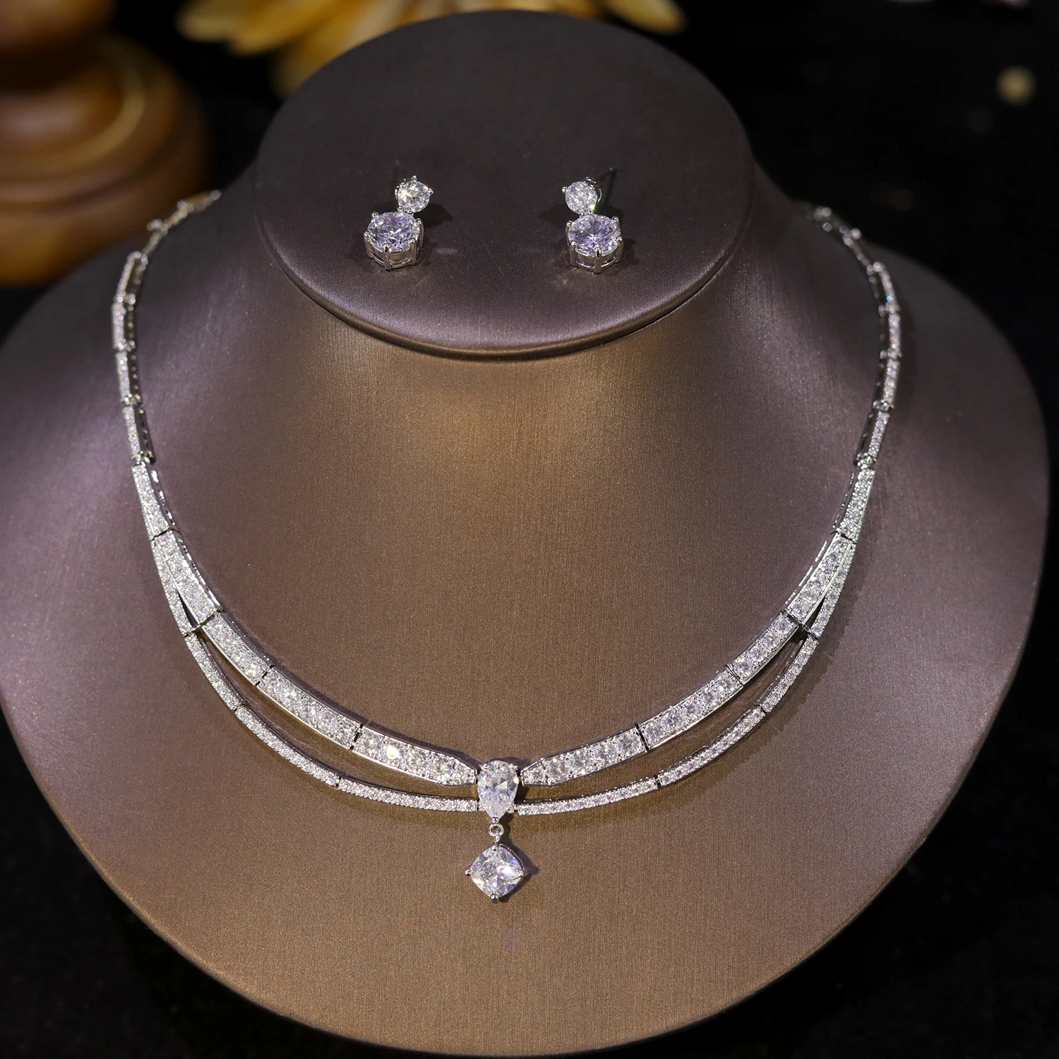 

ASNORA High Quality Cubic Zirconia Bridal Wedding Jewelry Water Drop Pedant Necklace 2PCS Set Lady Party Accessories X0654