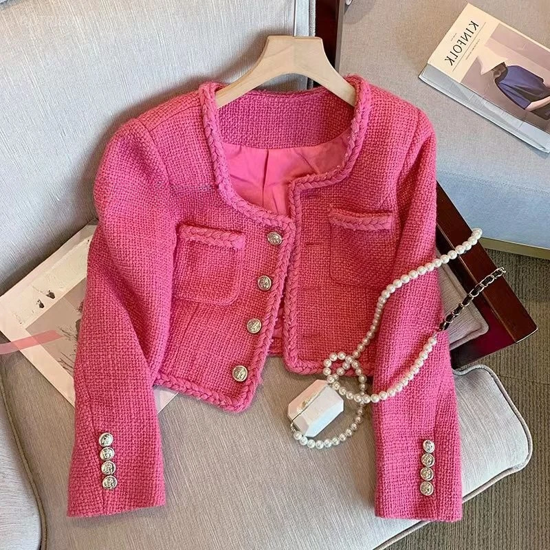 Fall Winter Clothing Fashion Women Coat Square Collar Long Sleeve Pockets Outwear Crop Tops Vintage Tweed Temperament Jackets