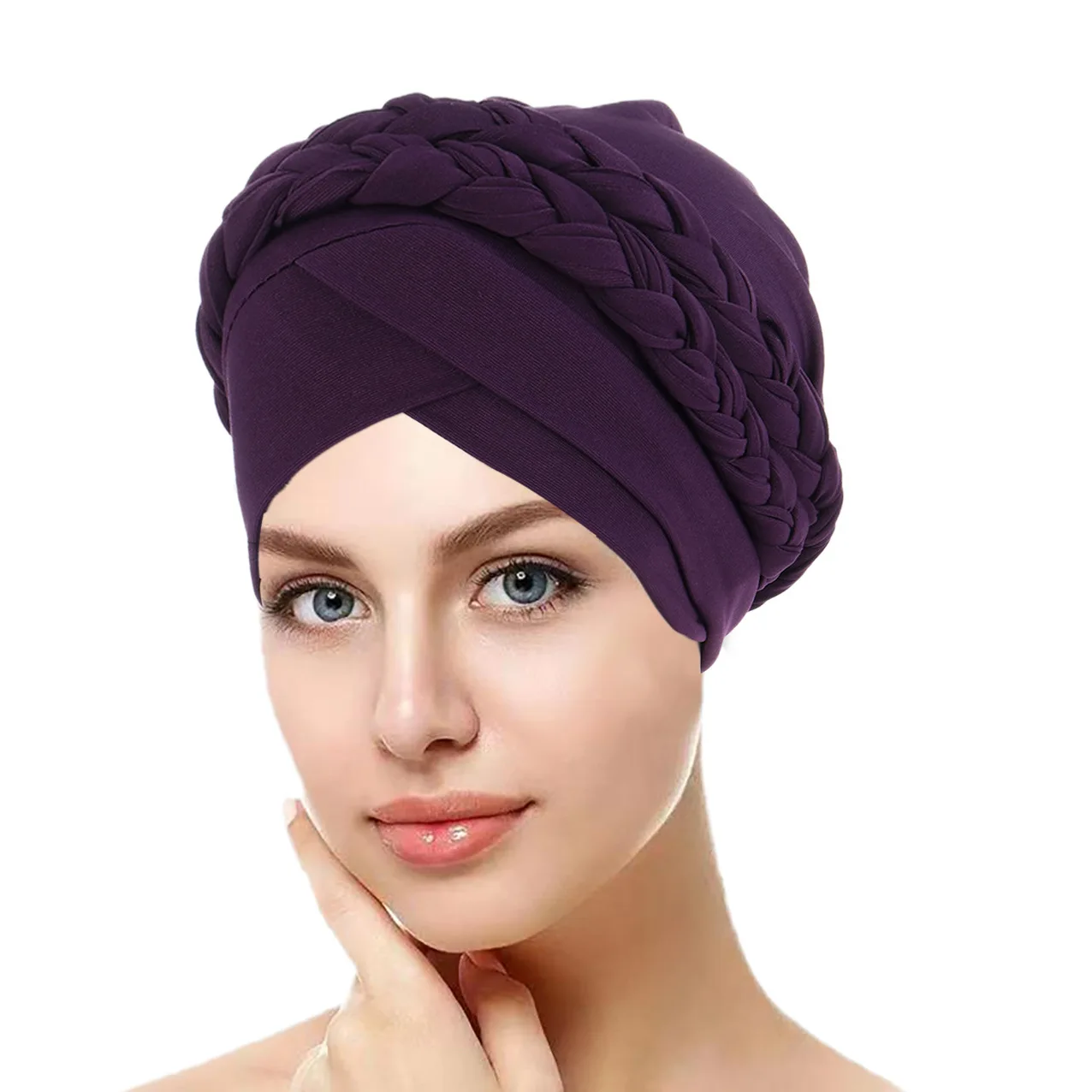 Bohemian Style Handmade Braid Turban Cross Bandana Slouchy Hat For Women Muslim Hijab Islamic Head Wrap Hair Loss Chemo Cap