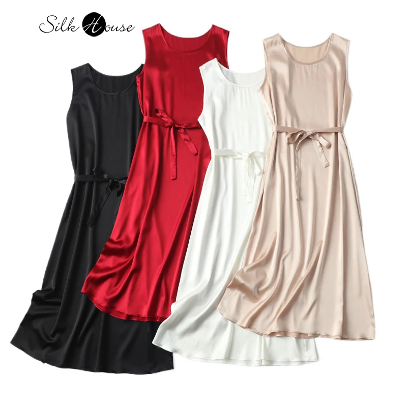 Roupas casuais femininas 93% seda amoreira natural cetim elástico cor sólida em torno do pescoço sem mangas versátil casual vestido solto