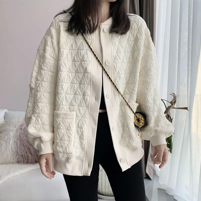 Large Size Autumn Winter New Cotton Coat Women Round Neck Korean Prism Single Breasted Loose Casual Coat Parkas Women