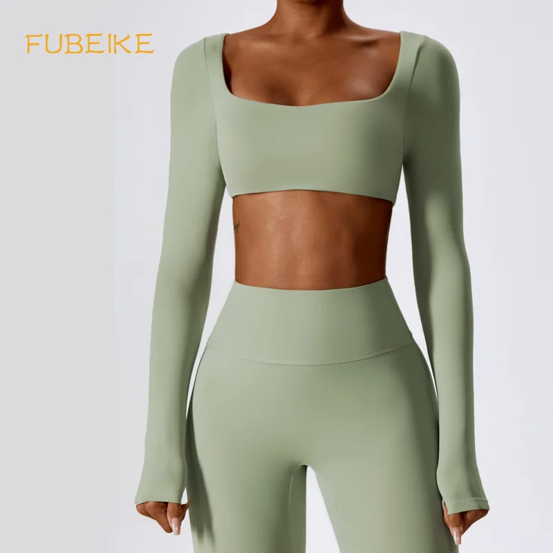 FUBEIKE Mulheres Sem Costura 2Pcs Ginásio Yoga Suit Nude Sentir Manga Longa Ao Ar Livre Correndo Esportes T-Shirt Longo Solto Bell-bottoms Legging