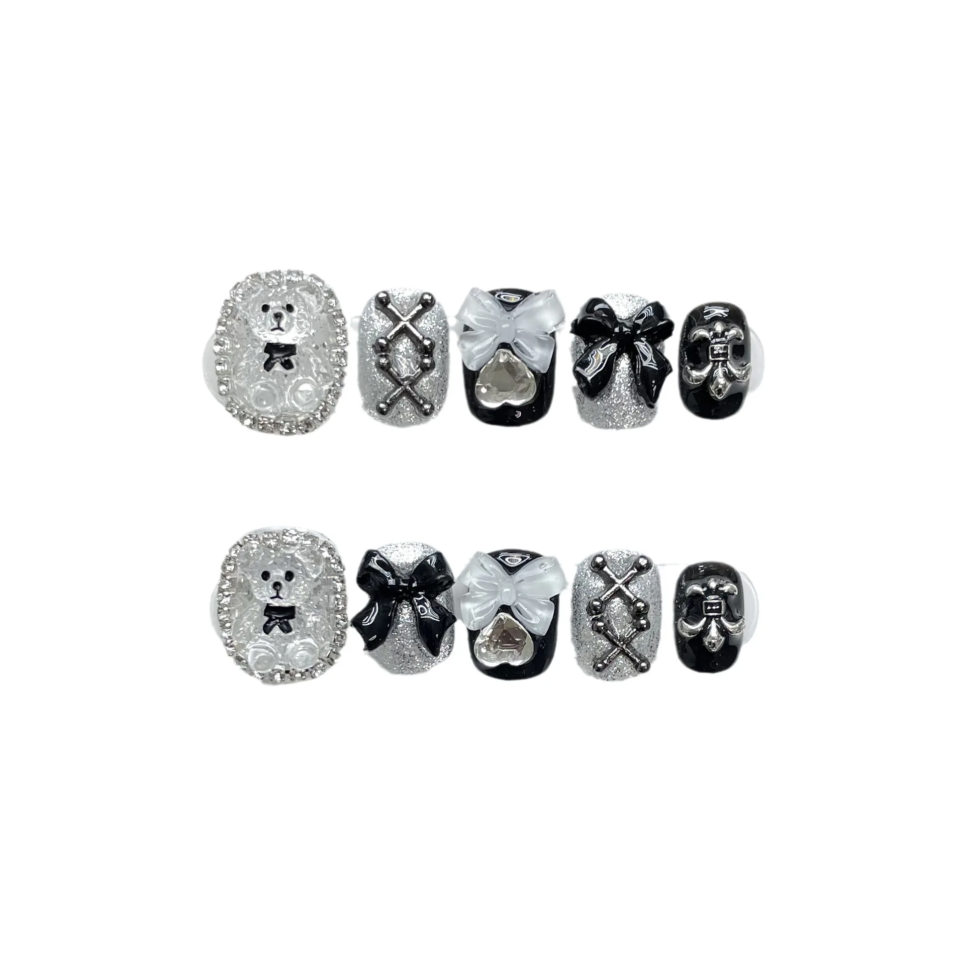 10 pcs Luxury Handmade Press on Nails Short Circle Lace Bear Design False Nails with 4-PIECE Tool Adhesive Nail Glue Tabs