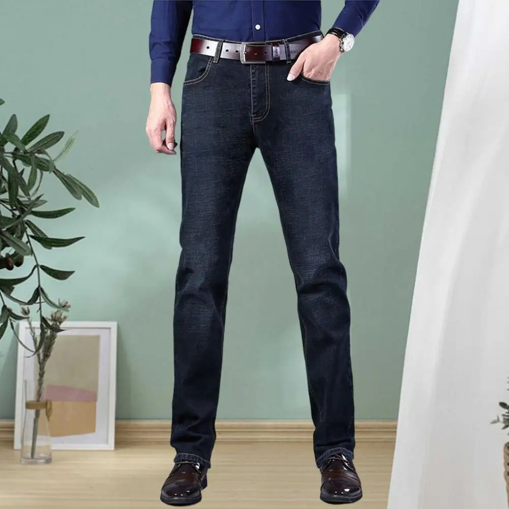 Men Jeans Straight Elastic Mid Waist Men Pants Solid Color Mid Waist Summer Jeans Breathable Pockets Denim Long Trousers