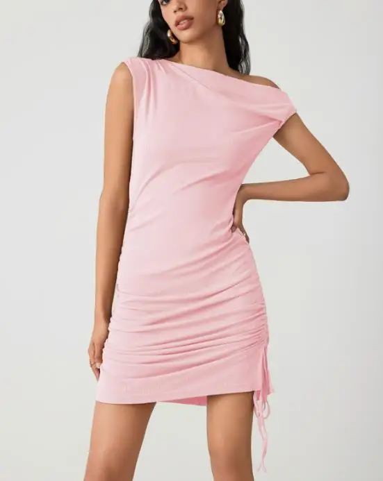 

Women's Dress 2026 Summer Tight Fitting New Style Solid Color Slanted Collar Fashionable and Pleated Hip Hugging Knitted Dress