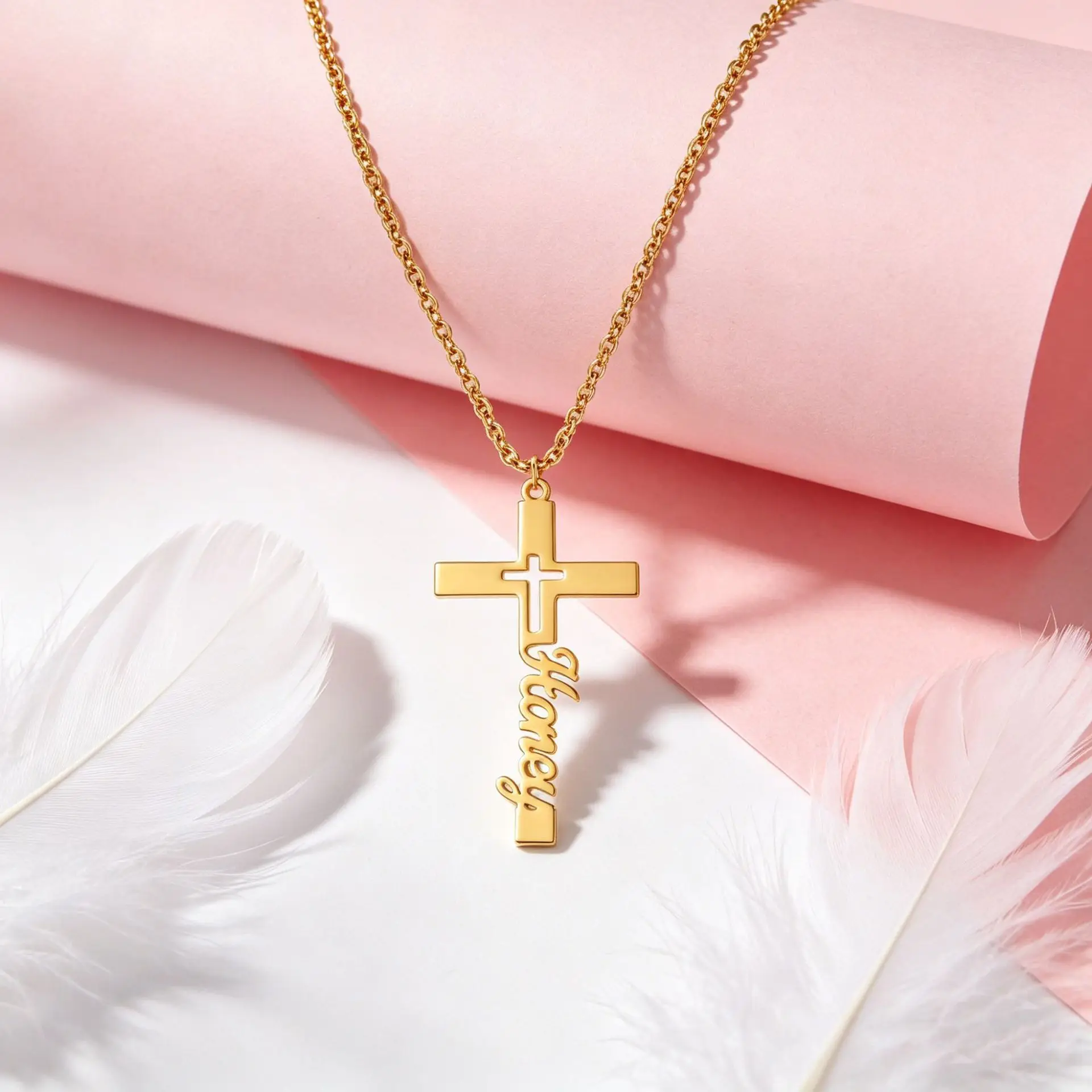 Luxury Personalized Engraved Name Cross Necklace For Women Electroplated Stainless Steel Pendant In Steel Color Gold Rose Gold