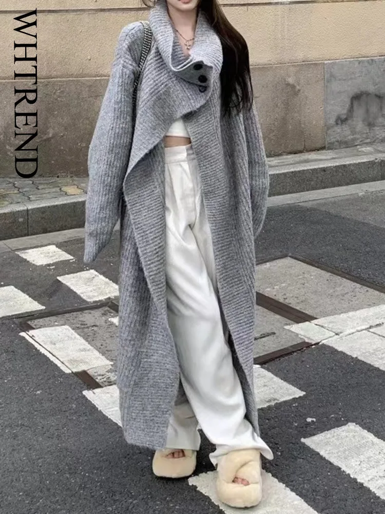 

WHTREND Fashion Large Lapel Long Cardigan For Women, New Autumn Winter Style Knitted Sweater, Loose Thickened Sweater WH1824