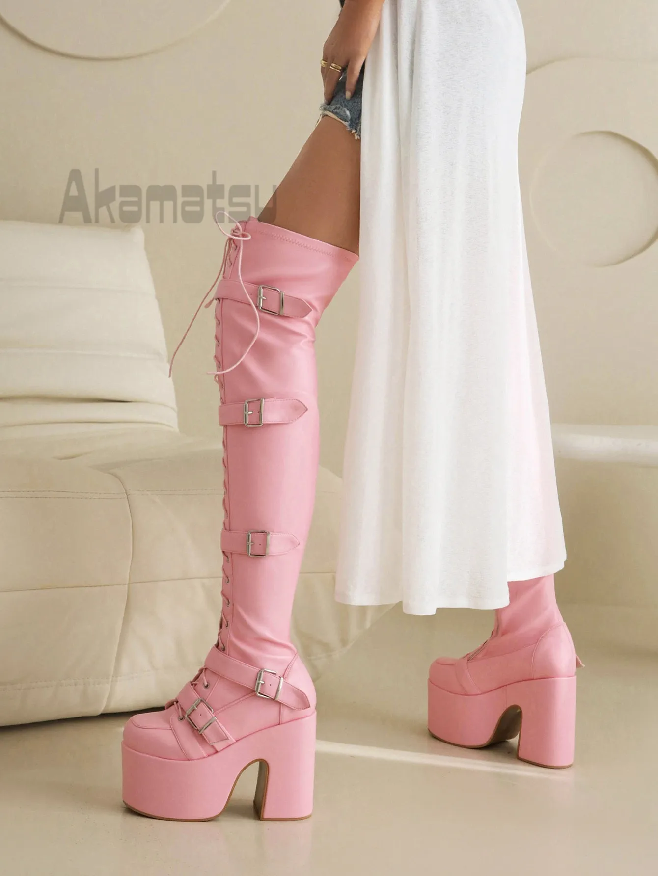 

Pink Black Thick Heel Belt Buckle Strap Boots Waterproof Platform High Heel Lace Up Over The Knee Women's Shoes Size 34-46