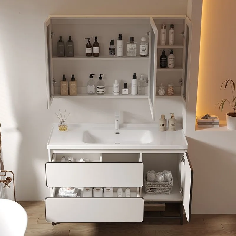 Simple solid wood intelligent aluminum hemming bathroom cabinet combination bathroom ceramic integrated basin