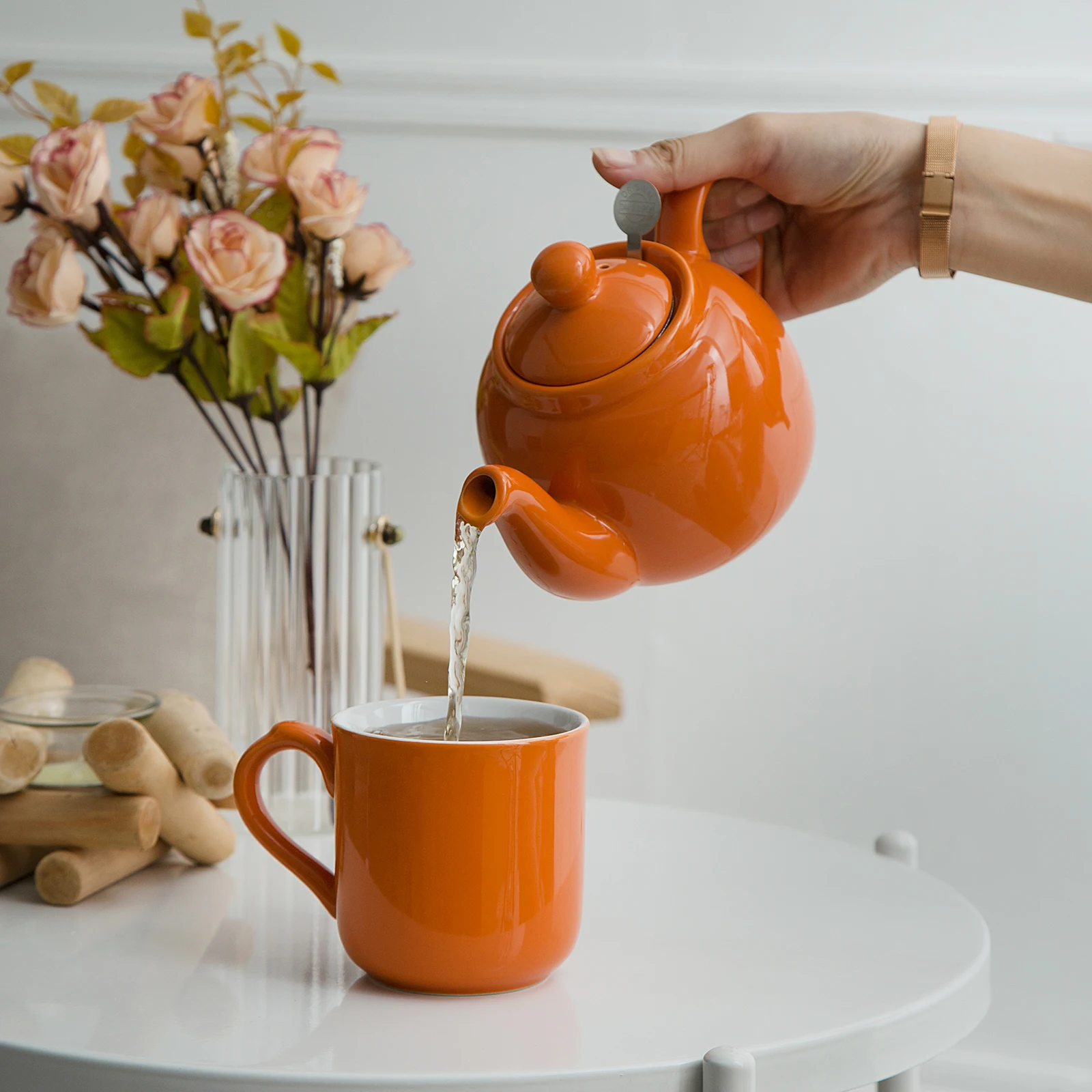 London Pottery Farmhouse Ceramic Teapot Orange English British Coffee Teapots with Infusers for Loose Tea Kettle Tea Pots Set