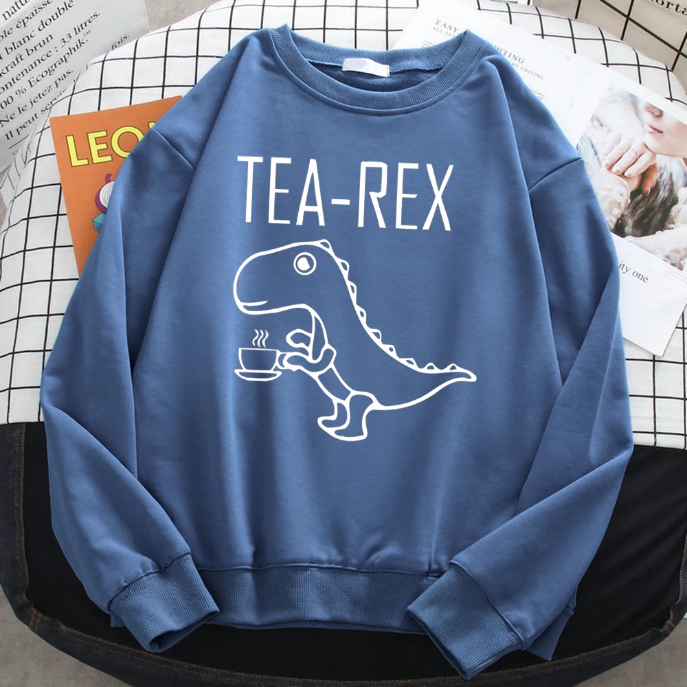 Street Trend Women\'S Sweatshirt Tea Rex Funny Dinosaur Drink Coffee Print Hoodies Loose Warm Pullovers Crewneck Fleece Clothes