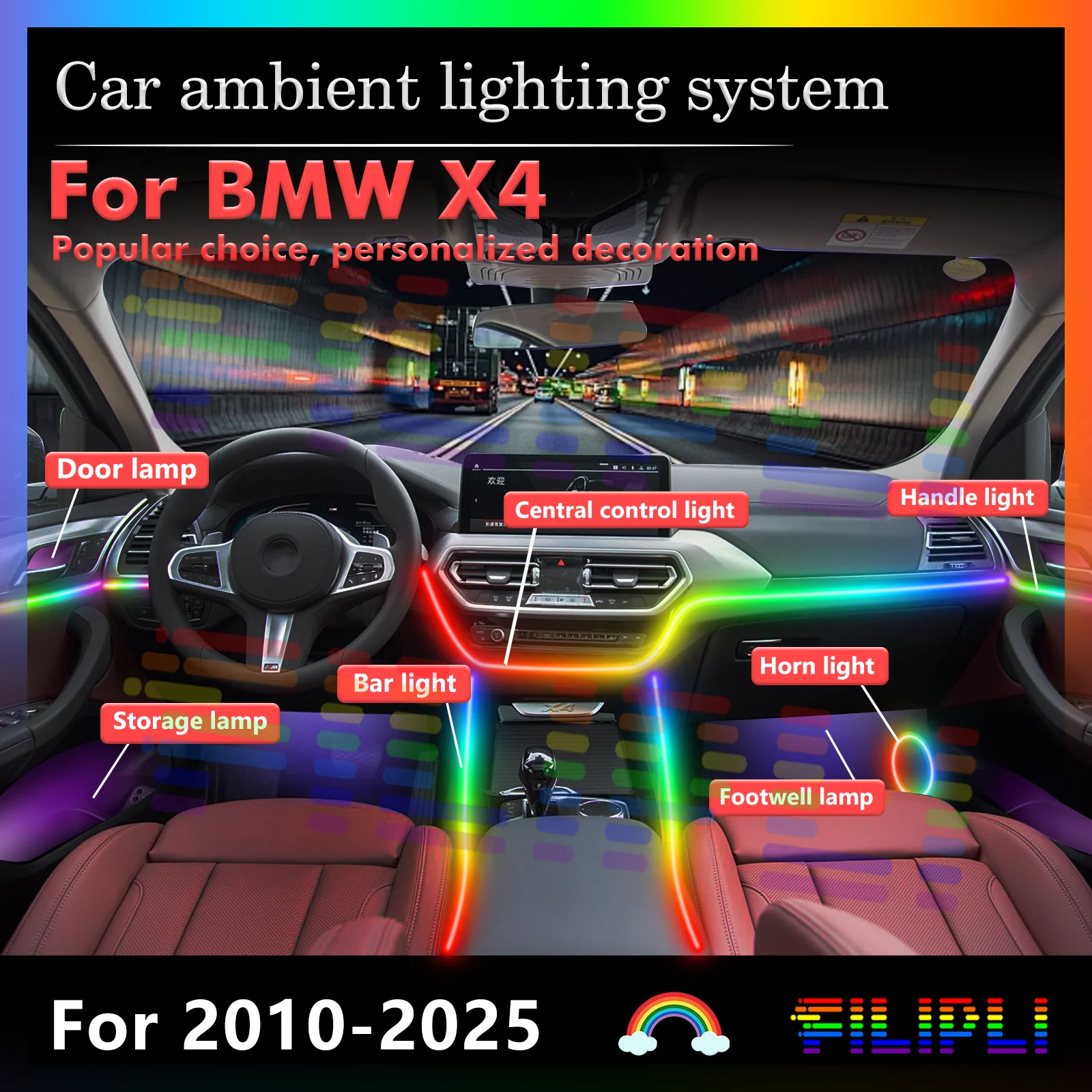 

For BMW X4 Car Interior Decorative Ambient Light RGB 64-Color LED Smart Remote Control Energy Saving Kit