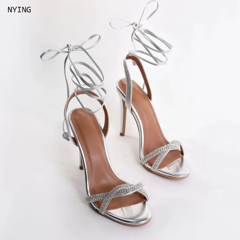 Women Silver Rhinestone Crisscross Lace Up Open Toe Stiletto Heel Sandals, Wrap Around Ankle Tie High Heels Elegant Bridal Heels