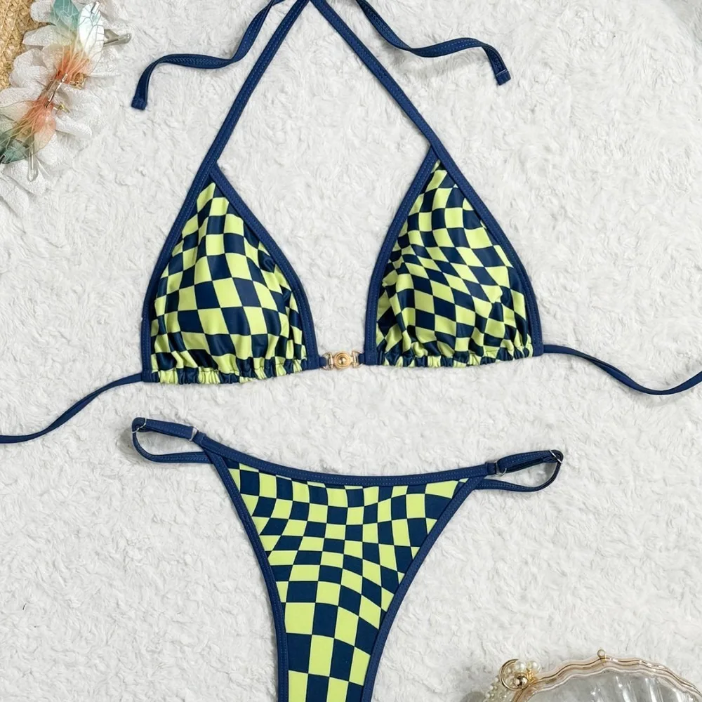 Sexy Plaid Bikini Set Women's Triangle Tie Side Swimwear With Padded Bra Beachwear 2 Pieces Tankini Swimsuits Women Biquinis Set