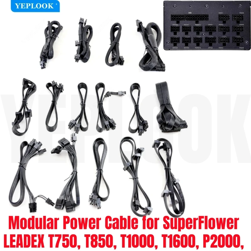 Cabo de alimentação modular YEPLOOK para SuperFlower LEADEX T750, T850, T1000, T1600, P2000, PCIe 8Pin, CPU 4 + 4Pin, SATA Molex IDE, 24Pin