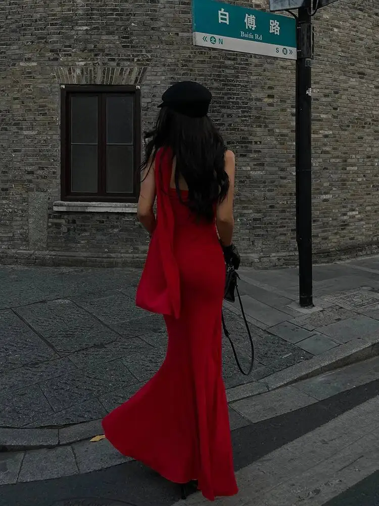 فستان حمالة صدر بياقة وشاح من WOMENGAGA أنيق للنساء لخريف وشتاء جديد عالي الخصر نحيف ملفوف على الورك فستان ذيل السمكة موضة S41L #5