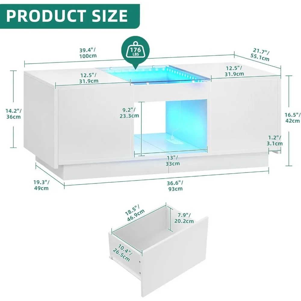 LED mesa de centro com armazenamento, mesa central branca, mobília da sala, Dolce Gusto, móveis laterais de malha