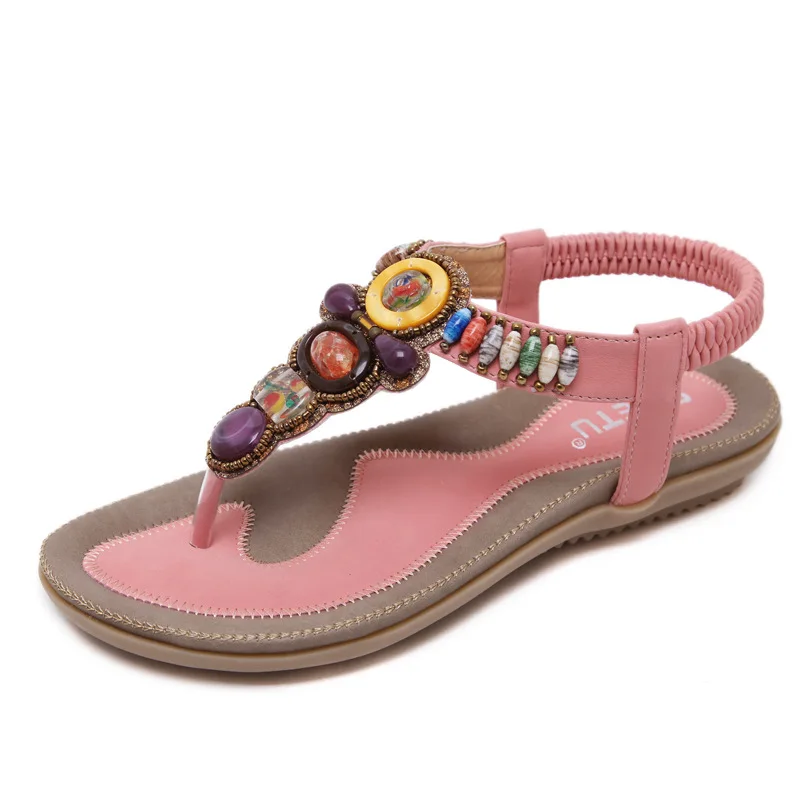 SIKETU Brand Casual Summer 2022 BOHO National Flat Heel Sandals Retro Beaded Jeweled Clip Toe Shoes Beach Extoic Korean Style 42