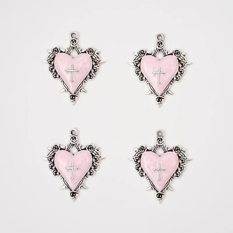 5Pcs Gothic Pink Imitation Enamel Thorn Rose Heart Cross Pendant Necklace Earrings Bracelet Jewelry Making Supplies