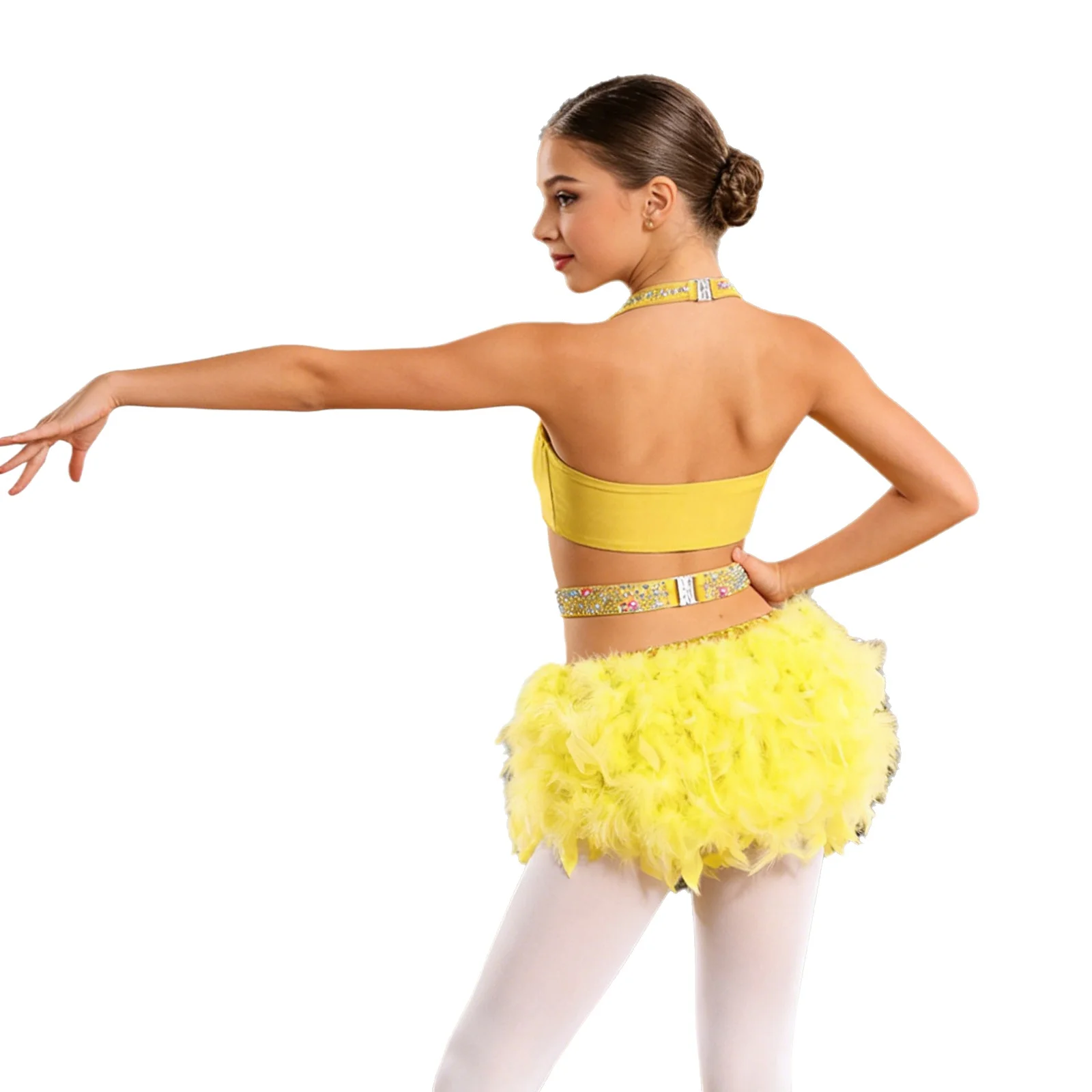

Kids Girls Latin Jazz Dance Ballet Gymnastics Performance Costume Sleeveless Cutout Sparkly Rhinestones Feather Skirted Leotard