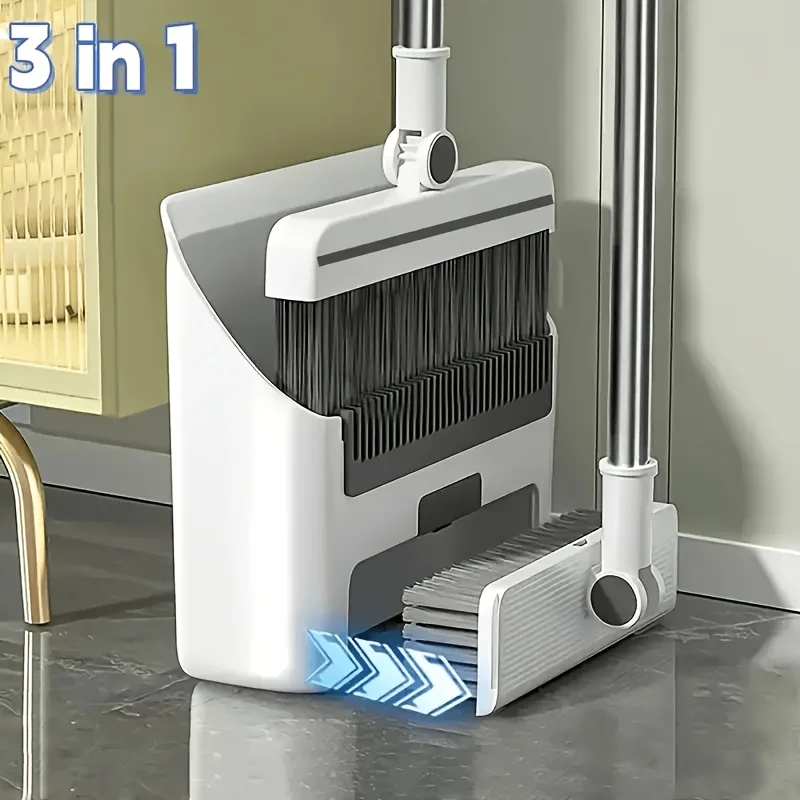 Ensemble balai, pelle et brosse à plancher 3-en-1 pliables, poils doux pour un nettoyage sans cheveux, efficace, manche long pour une flexibilité et un nettoyage sans effort